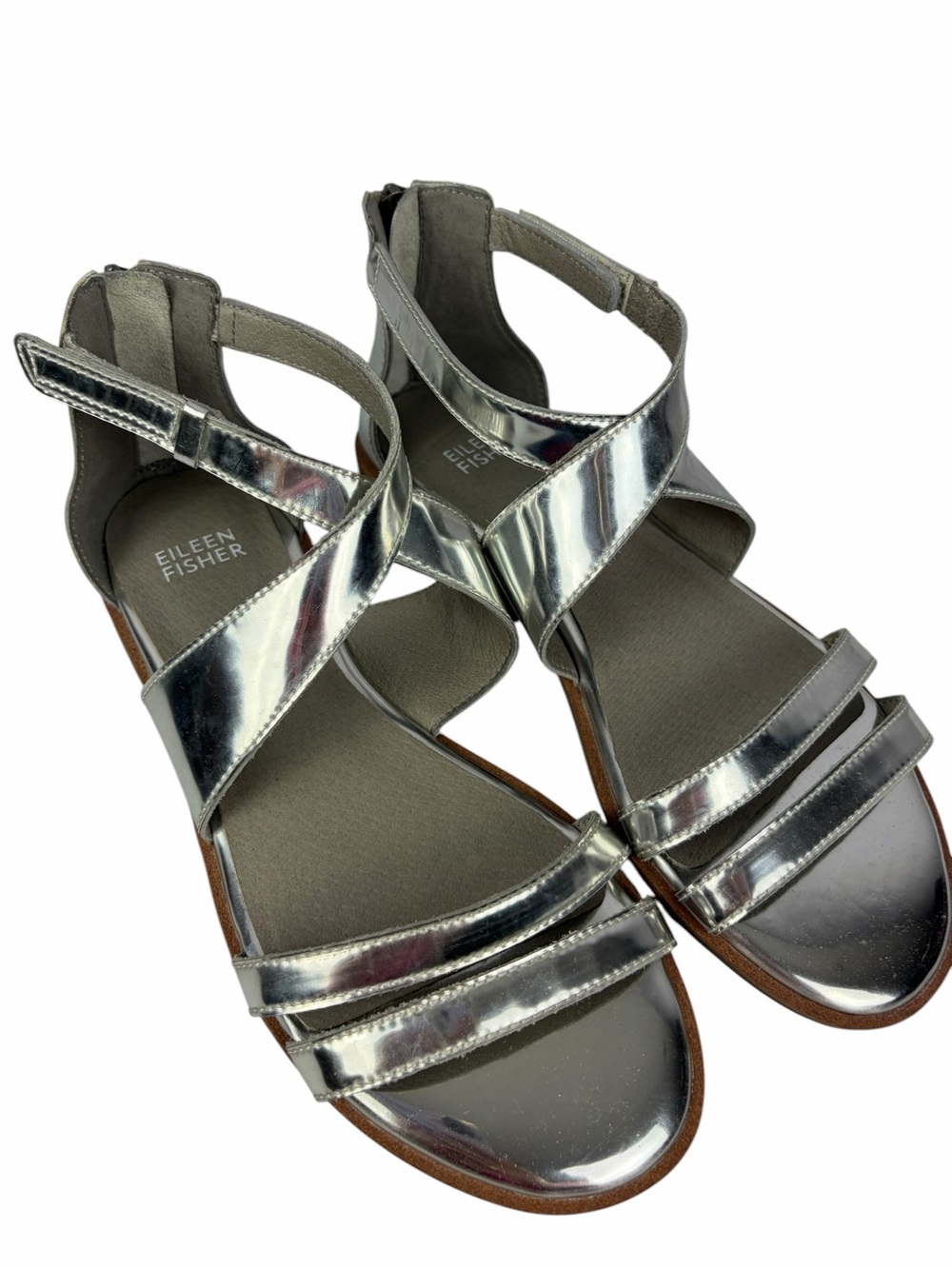 Eileen Fisher Cici Metallic Silver Leather Strappy Sandals Size 6